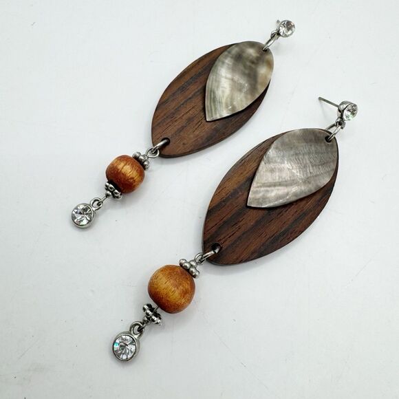 Boho Bohemian Wooden Leaf Mother Of Pearl Layered Long Dangle Earrings - Picture 1 of 7